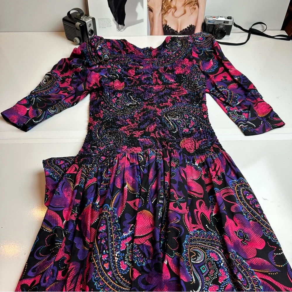 Vintage 1990s Paisley Drop Waist Midi Dress Purple Pink Bow Detail Boho - Picture 6 of 12